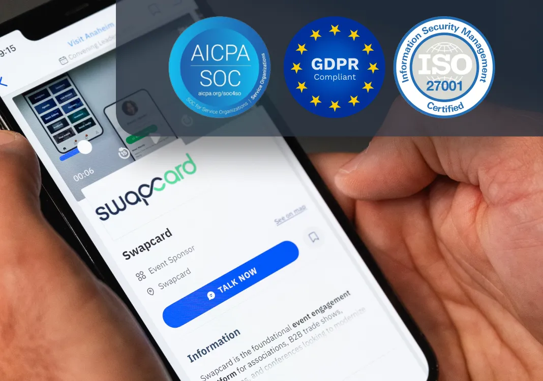 Swapcard mobile screen with verified security badges, highlighting user data protection and platform compliance.